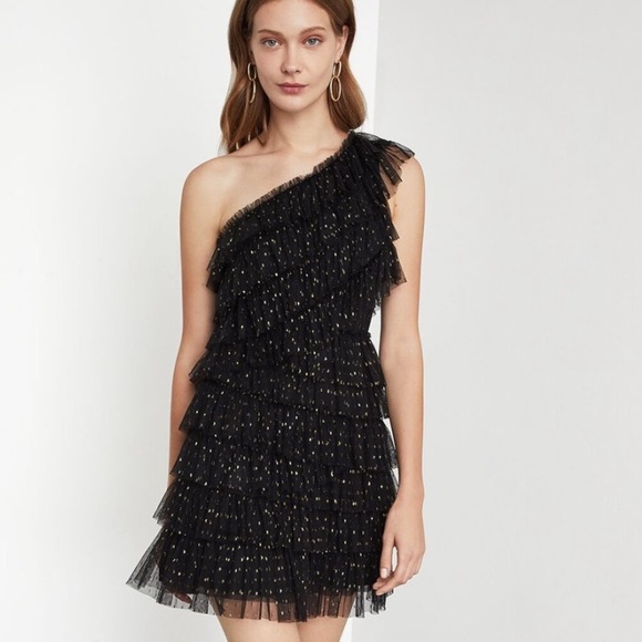 New BCBGMAXAZRIA TIERED RUFFLE ONE SHOULDER DRESS